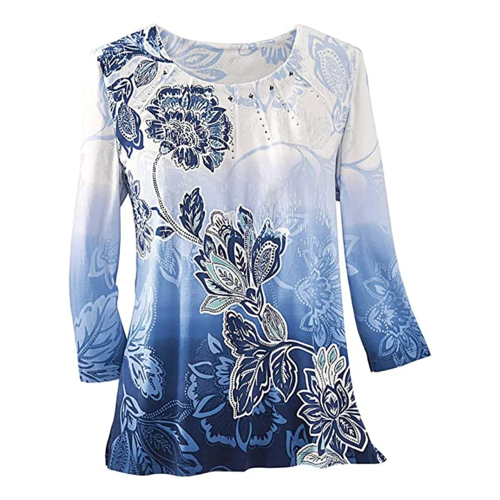 Alfred Dunner Spring Classic Ombre Floral Print Pintuck top with 3/4 Sleeve - Picture 2 of 6